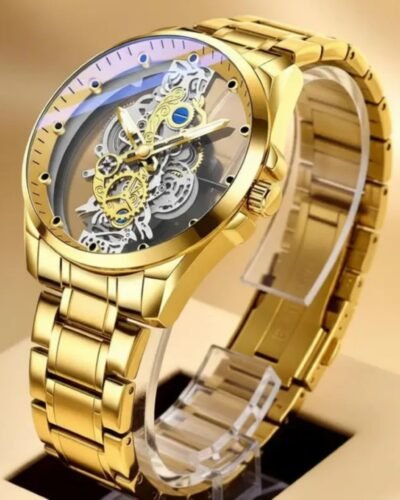 Luxury Gold Automatic Skeleton Watch for Men – Shivilex Stainless Steel Mechanical Watch